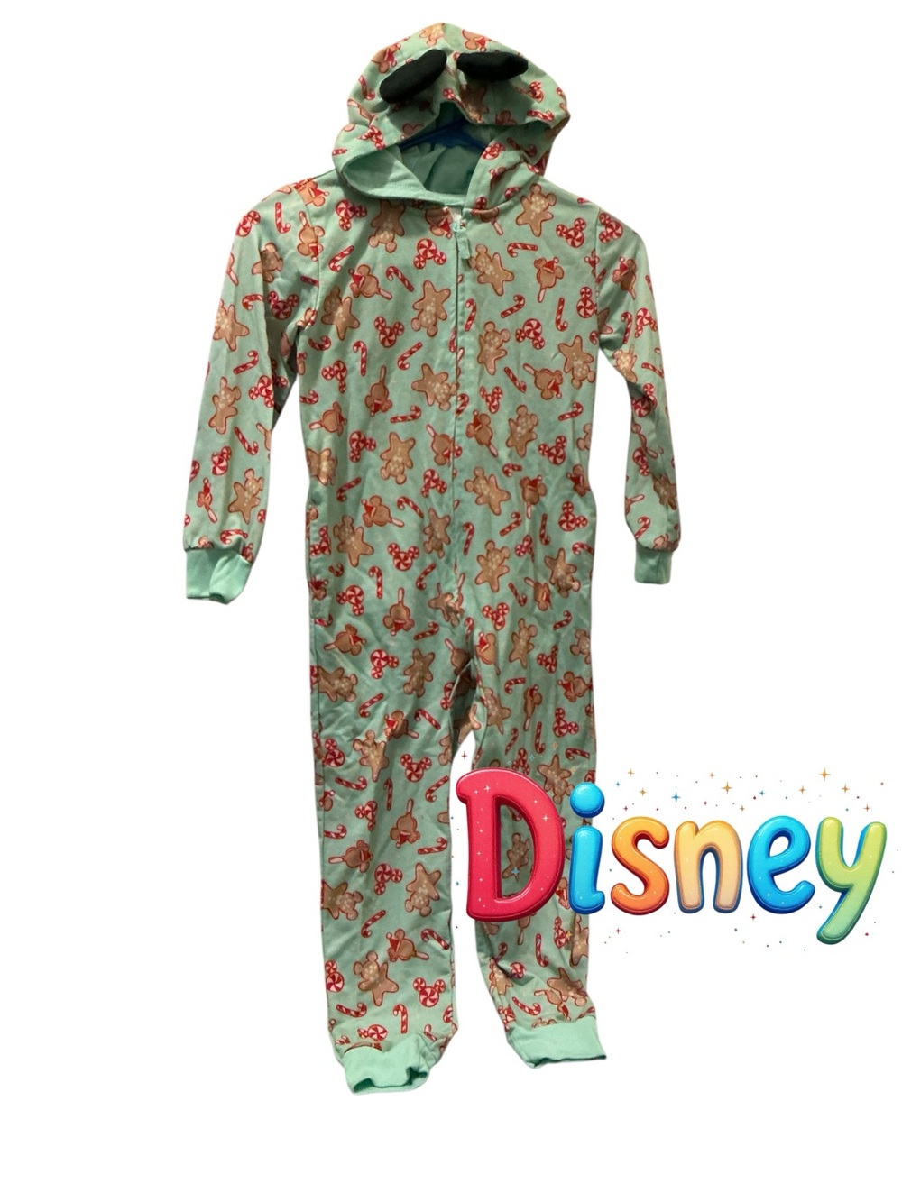 Disney Mint Green Gingerbread Print Hooded One-Piece Footie Pajamas size 5/6